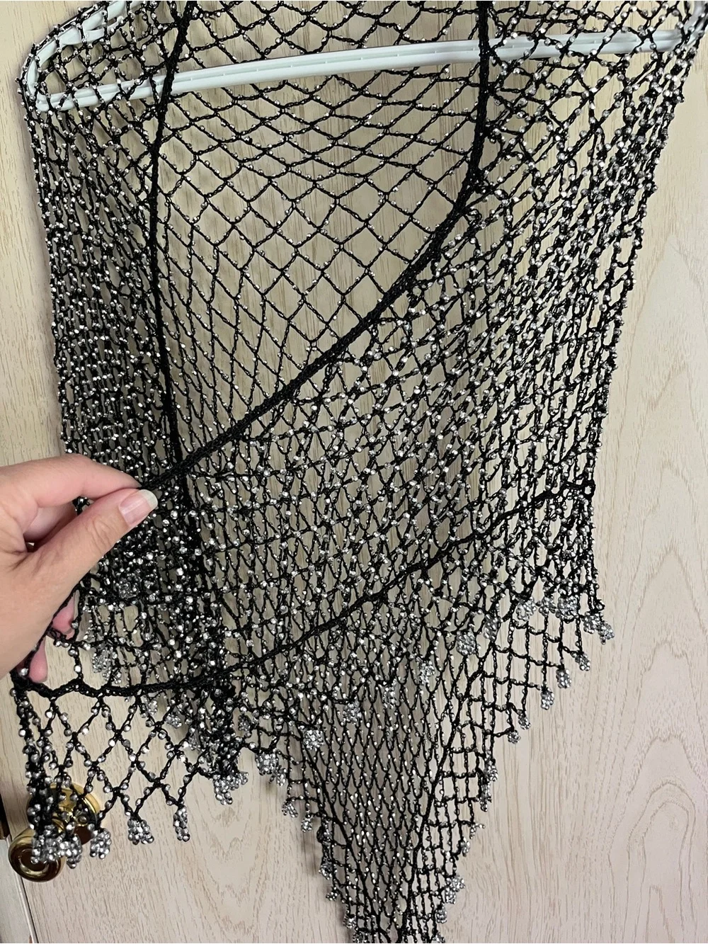 SILVER BEADED Fishnet Crochet Black CROCHET Boho Shawl
